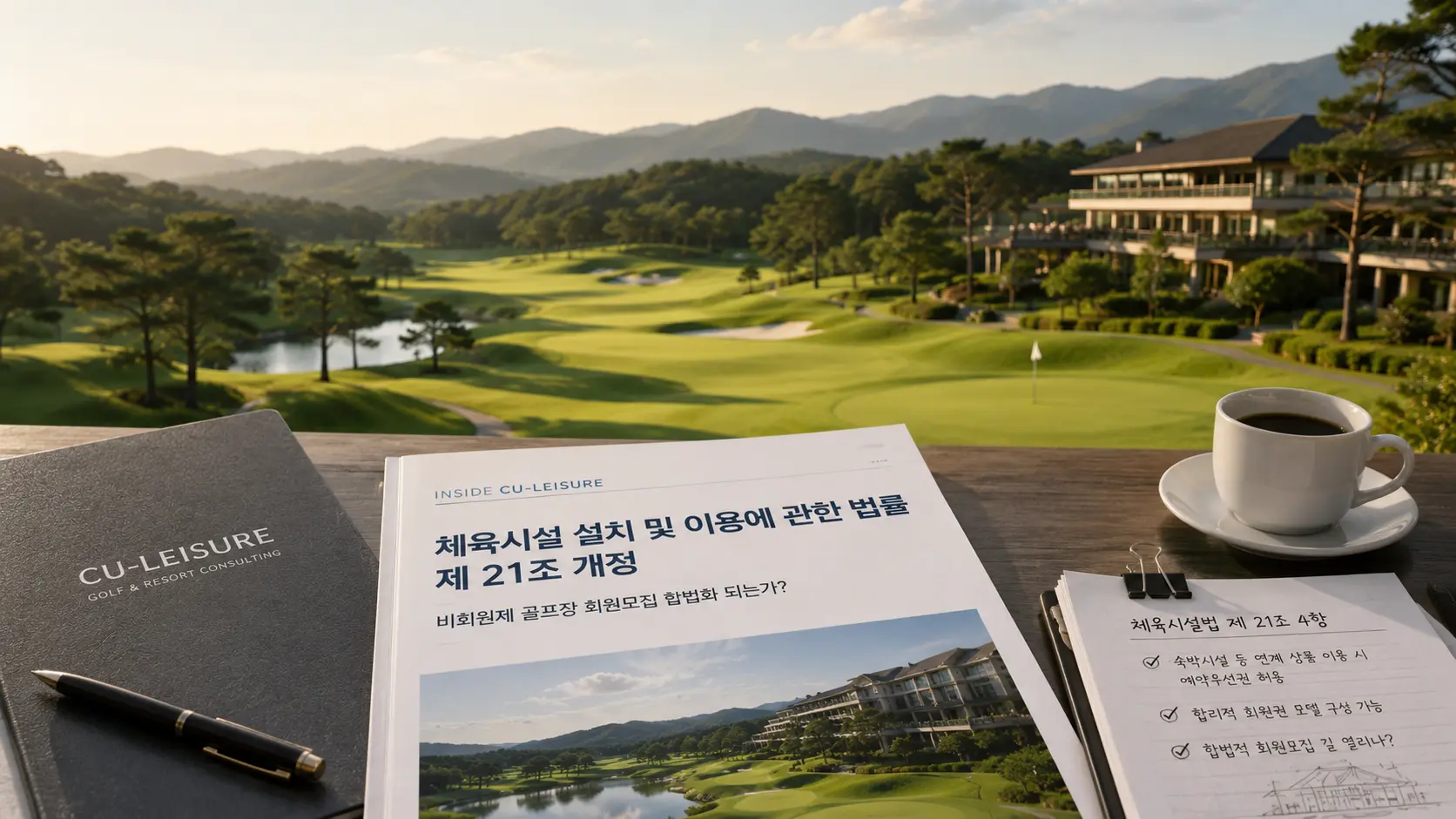 새벽 한국 프리미엄 골프 리조트 단지 항공뷰. 체육시설법 개정으로 골프장과 숙박시설을 묶은 회원권 발행이 가능해지고 있다